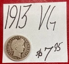 1913 10C Barber Silver Dime. (VG) Very Good Condition! ENN Coins