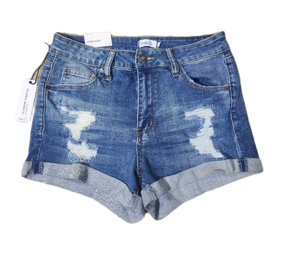 Pantalones cortos vaqueros/denim desgastados elásticos dobladillo enrollado tiro alto para mujer nuevos con etiquetas Foto 3 de 4