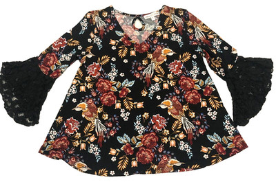 Stem & Vine Womens Blouse Sz S Colorful Floral V-Neck 3/4 Sleeves Key Hole Back