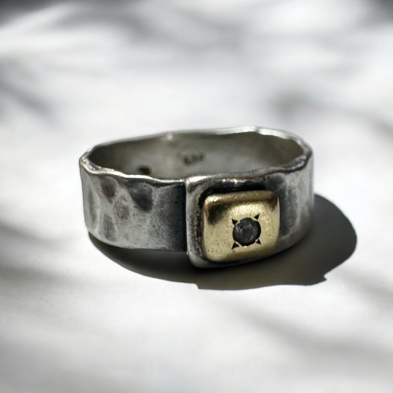 Vintage Rustic Gold Rush Ring Sterling Silver, 14k Gold Diamond Size 9