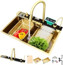 33" Gold Waterfall Kitchen Sink Workstation Faucet Digital Temp Display