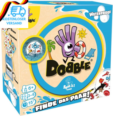 Zygomatic, Dobble Waterproof, Eco-Sleeves, Familienspiel, Kartenspiel, 2-8 Spiel