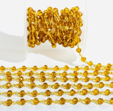 6mm Citrine Crystal Beads Rosary Chain, Gold Plated Wire, Bulk Roll by Foot
