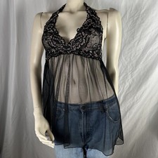 Victoria  s Secret Halter Top Babydoll Lingerie Sz: Medium Lace Sheer Black