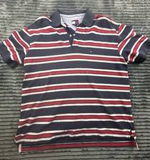 VTG 90s Tommy Hilfiger Polo Shirt Mens Large Red White Blue Striped Crest Preppy