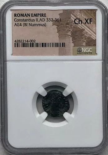 ROMAN EMPIRE CONSTANTIUS II AD 337-361 AE4 BI NUMMUS  - NGC CH XF -  FREE SHIP!