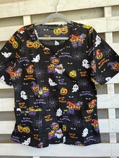 Cherokee Scrub Top Black Pockets Halloween Trick or Treaters Ghost Womens L.