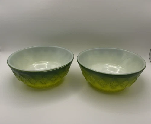 Set of 2 Fire King Anchor Hocking Vintage Kimberly 5" Bowls Green Ombré