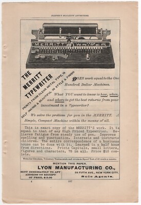 Antique 1890 Print-ad, The Merritt Typewriter, Hendryx Reel, & Waterman's Pens