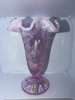 Fenton - Tall pink carnival glass vase (ruffled top, floral pattern)