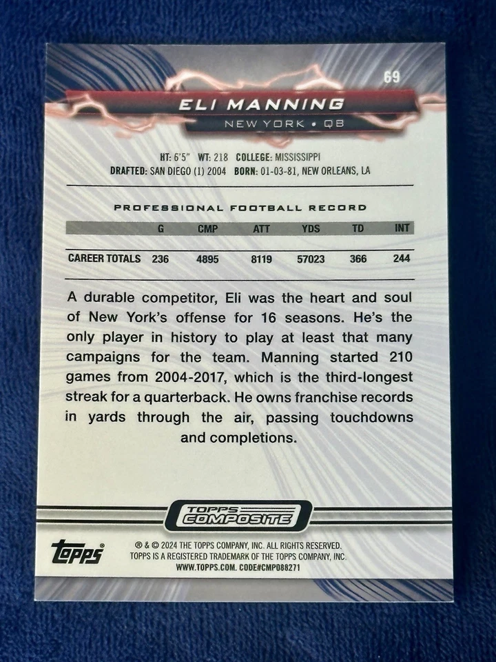 2024 Topps Composite Eli Manning #69 /99 Purple Surge - Image 2 of 2