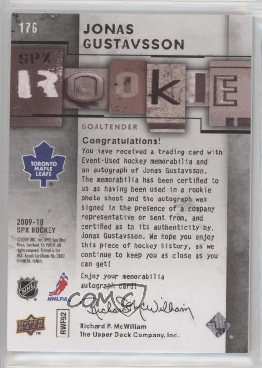 2009-10 SPx Rookie Auto Jersey /499 Jonas Gustavsson #176 Rookie Auto RC - Image 2 of 2