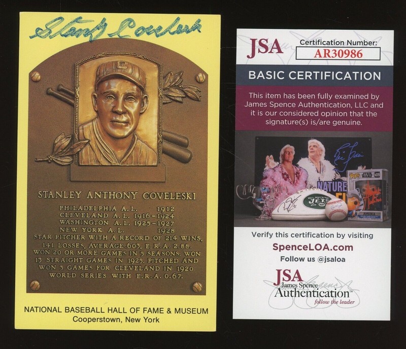 Stanley Coveleski Autographed Gold HOF Plaque Postcard...JSA Authenticated!!