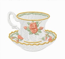 MACHINE EMBROIDERY DESIGNS USB - TEA TIME COLLECTION 4X4 CUP SAUCER TEAPOT SPOON