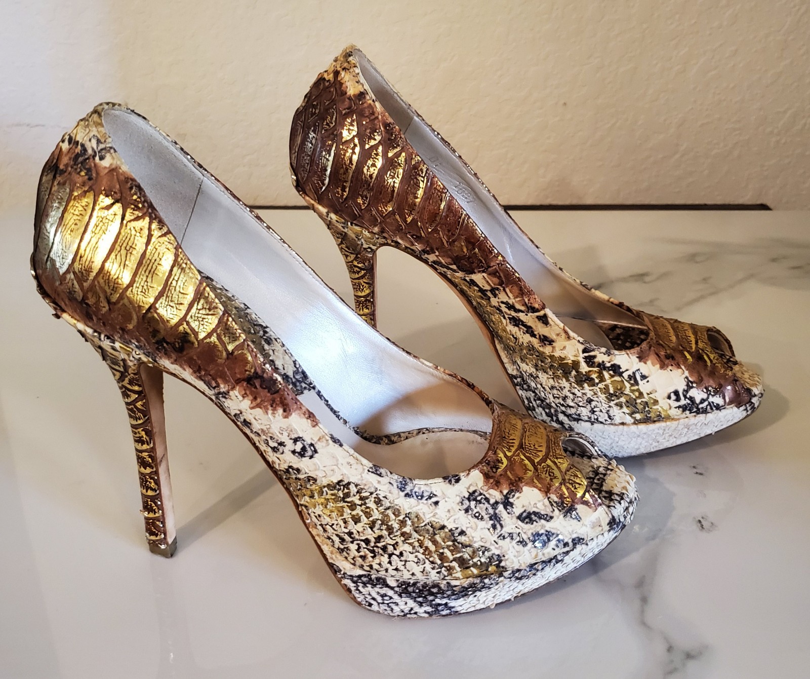 Dior Gold Beige Python Snakeskin Platform Peep To… - image 4