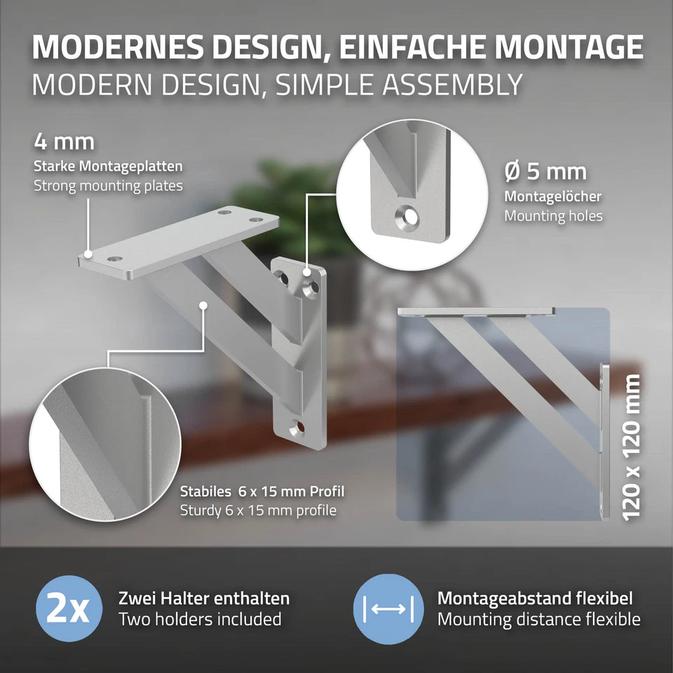 4x Soportes de estante de aluminio plateado 120x120mm para balda/repisa de pared - Imagen 3 de 4