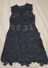 ANGL Womens Small Black Lace Mini Dress Sheer Bodice 3D Floral Overlay Night Out