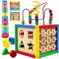 Wooden Activity Cube for Baby - 6 in-1 Baby Activity Play Cube with Bead Maze...