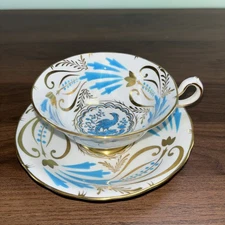 Royal Chelsea 3800A Turquoise Birds & Leaves Footed Cup and Saucer Gold Oriental