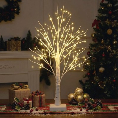 Lighted Trees for Indoor Decor with Timer, 144 LED 2FT White Light up Birch T...