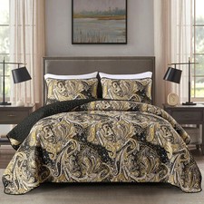 Black Paisley Quilt Set King Black and Gold Boho Bedspread Coverlet Set 3 Pie...