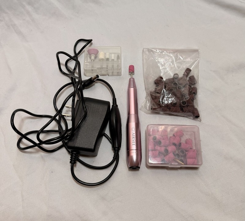 AIRSEE Electric Nail File & Drill Kit Pink w/ Bits Set, Sanding Bands, Adapter