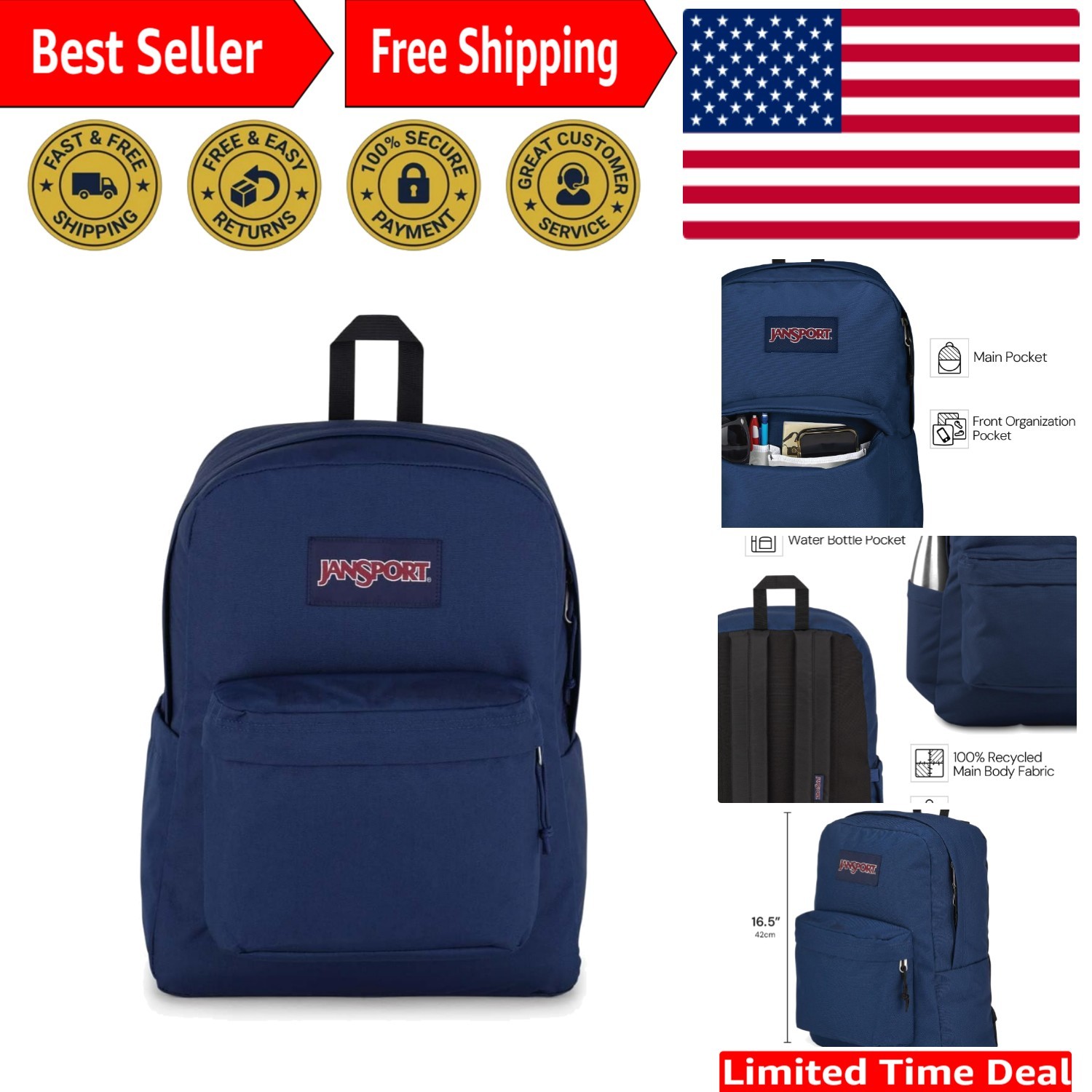 JanSport SuperBreak Plus Backpack Internal 15" laptop Sleeve, Side Pocket