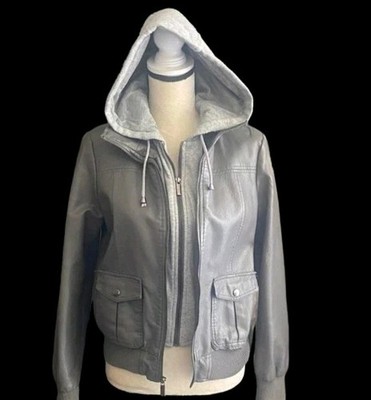 Full Tilt Women's Gray Hooded Bomber Jacket L Zip Drawstring Flap Pockets