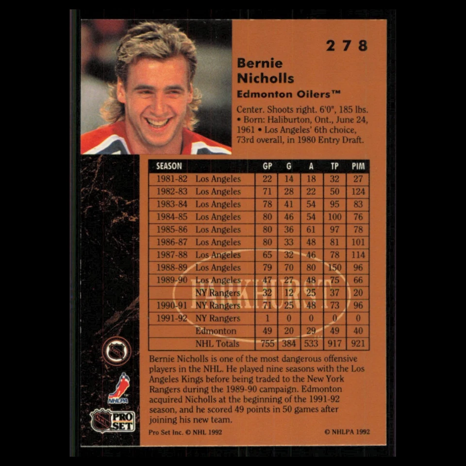 Bernie Nicholls #278 1991 Parkhurst Edmonton Oilers Hockey Card NHL NM - Image 2 of 3