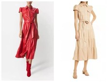 Women NEW Alice + Olivia Collared Leather Embellished Midi Dress Red/Khaki