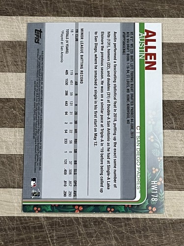 2019 Topps Holiday Walmart Baseball Austin Allen Rookie Card #HW178 - Picture 2 of 2