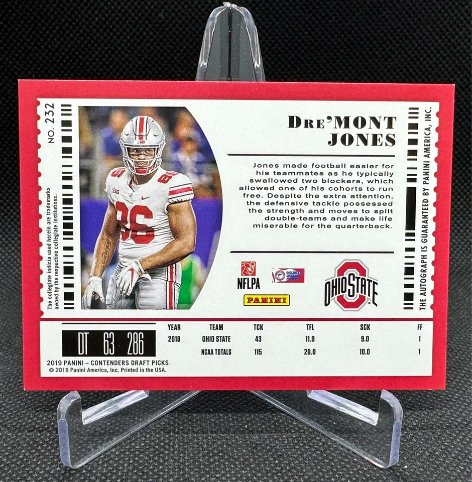 2019 Panini Contenders Draft Picks Dre'Mont Jones RC Diamond Ticket Auto /10 SSP - Image 2 of 3