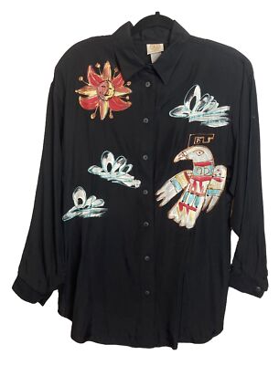 Vintage India Ink Deborah Barry Hand Painted Top Size M Black Art To Wear Blouse