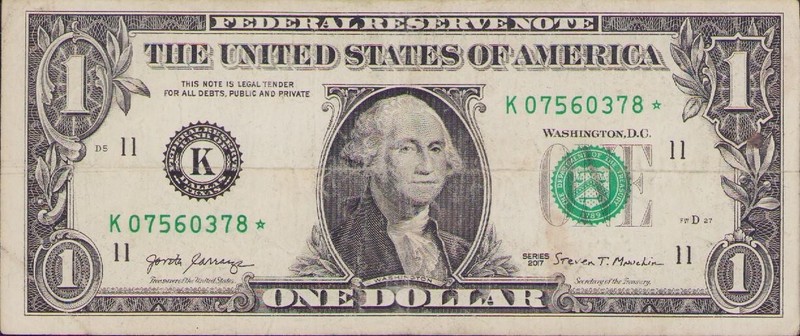 US Bank Star Note $1 Dollar Bill Fancy Serial # K07560378 Error Cut