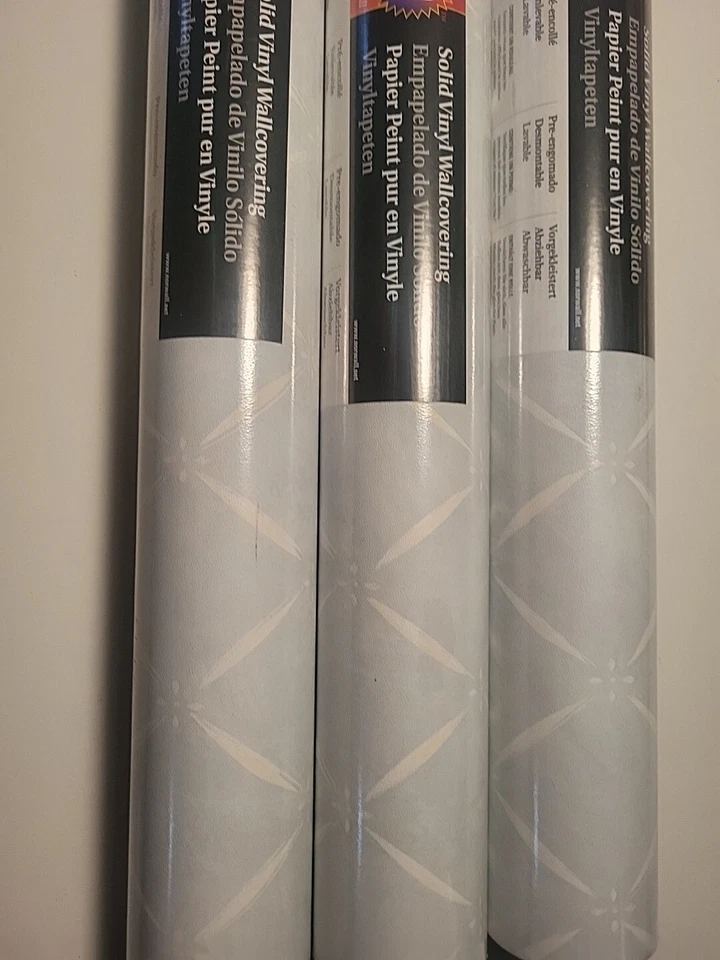 Papel Pintado Norwall 3 Unidades AZUL CLARO Con Patrón BLANCO Cubierta Vinilo Años 90 COMO NUEVO Foto 3 de 4