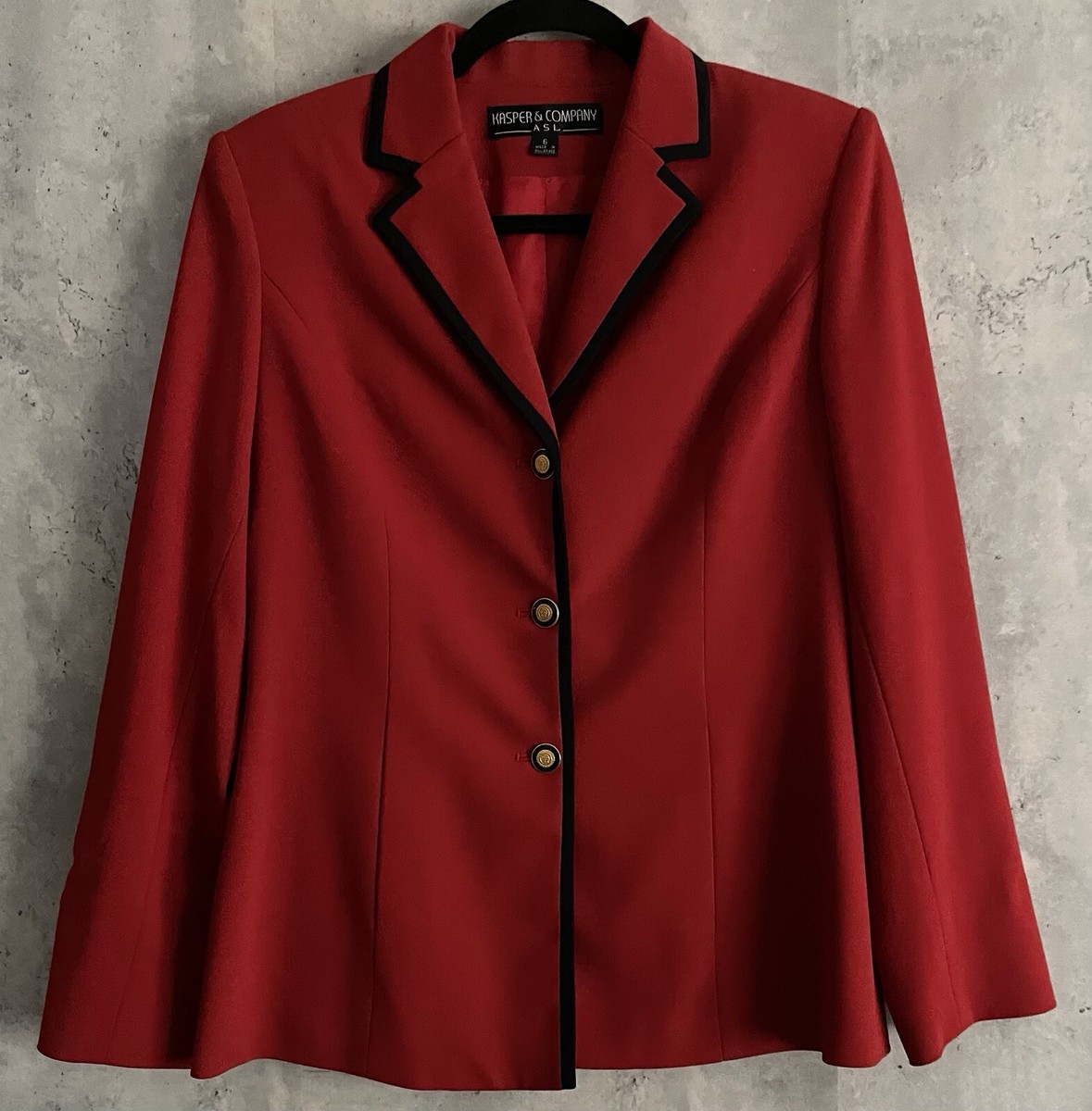 Kasper Womens Red Lined Button Up Black Trim Suit Blazer/Jacket Sz