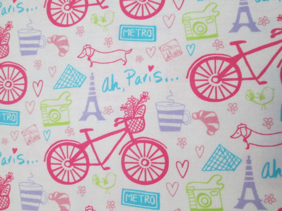 PARIS BICYCLE FLOWERS EIFFEL TOWER LANDMARKS PINK COTTON FABRIC BTHY - Image 2 of 4