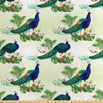 Pfau Satin Stoff als Meterware Strau und Monstera Kunst | eBay.de