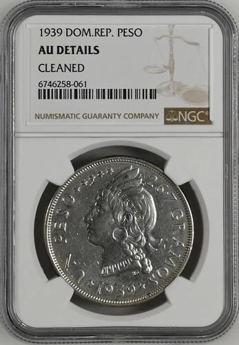 DOMINICAN REPUBLIC Un Peso 1939 Silver Crown NGC AU Details Key Date