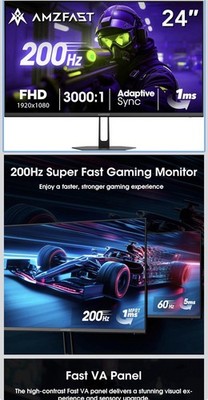 Amzfast 24 Inch  Monitor 200Hz FHD 1080P Fast IPS Computer Monitor, 110%