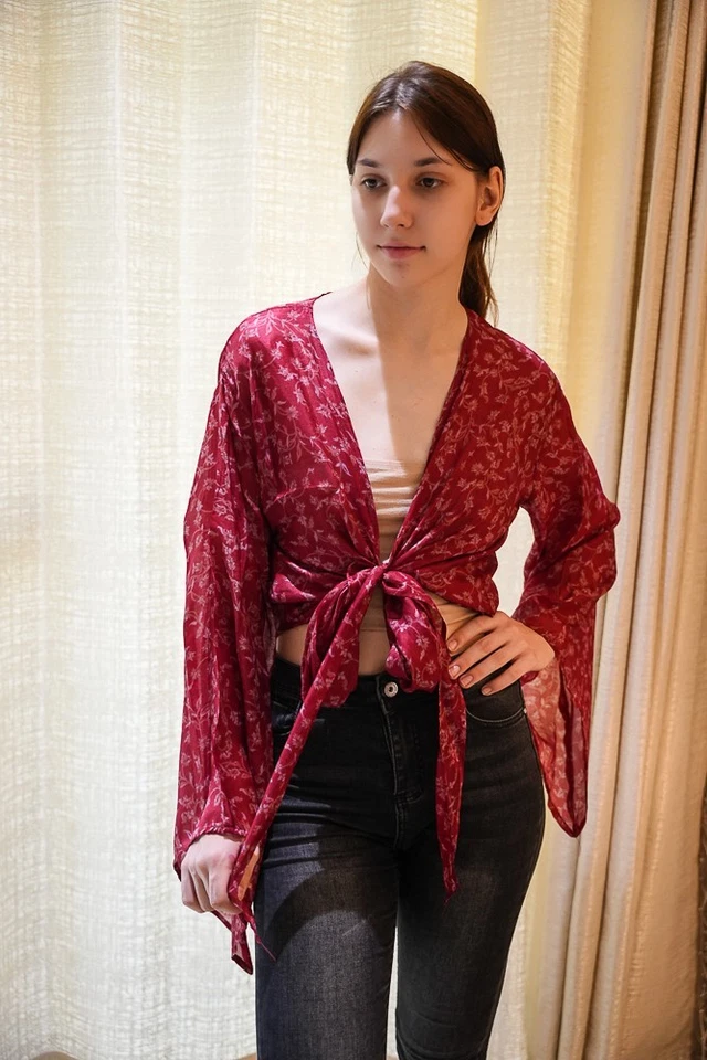 Wrap Top Pure Silk Tie Blouse Dress Girls Woman Y2k Boho crop Top PS PSW1710 - Image 3 of 4