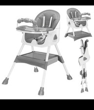 Foldable High Chair with Removable Tray, Safety Harness, Toys, Gray