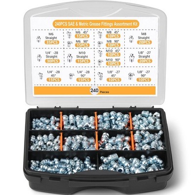 240-Piece Grease Fittings Assortment, SAE & Metric Zerk Grease Fittings (1/4'', 1