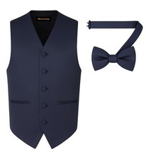 Men's Solid Formal Waistcoat Tuxedo Dress Vest Bow Tie Set Medium Navy Blue