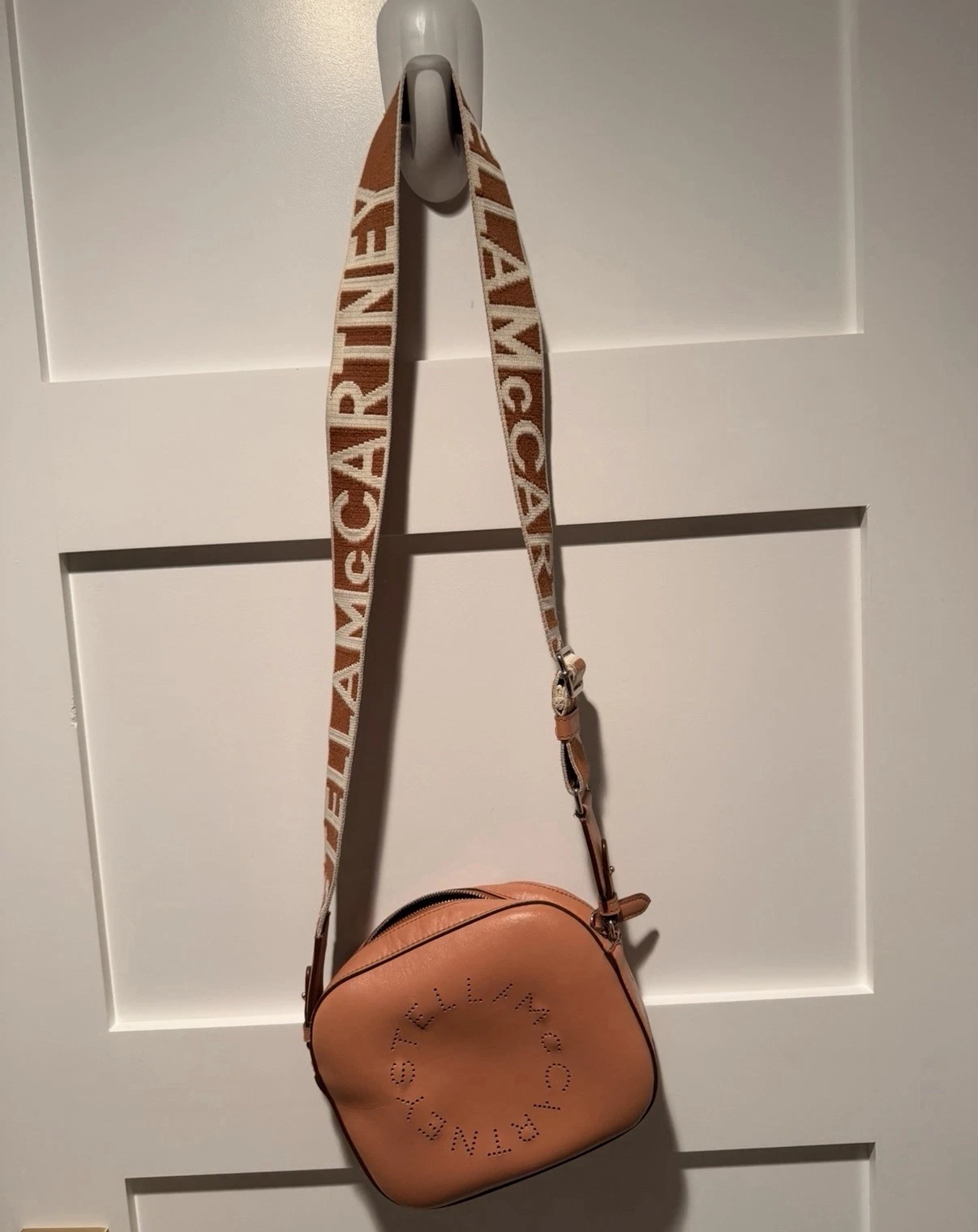 Stella McCartney — Stella McCartney Peach Crossbody Bag Logo Accent Adjustable Strap Dust Bag