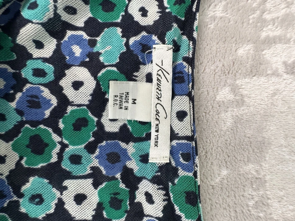 Camisa Top Kenneth Cole Azul y Verde Floral Manga Gorra Nylon Malla Acanalada Lateral M Foto 3 de 4