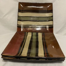 Gibson Elite Stripped Square Dinner Plates Set of 4 11 Inch Brown White Green