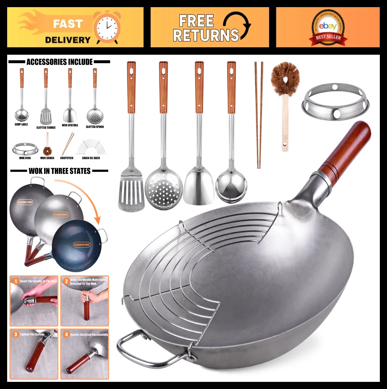 Traditional Hand Hammered Carbon Steel Wok 13.4" Round Bottom Pan + 8 Cookware T