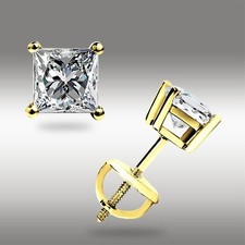 1.0 Ct Princess cut MOISSANITE Studs Earrings Solid 14k Yellow Gold Screwbk Gift