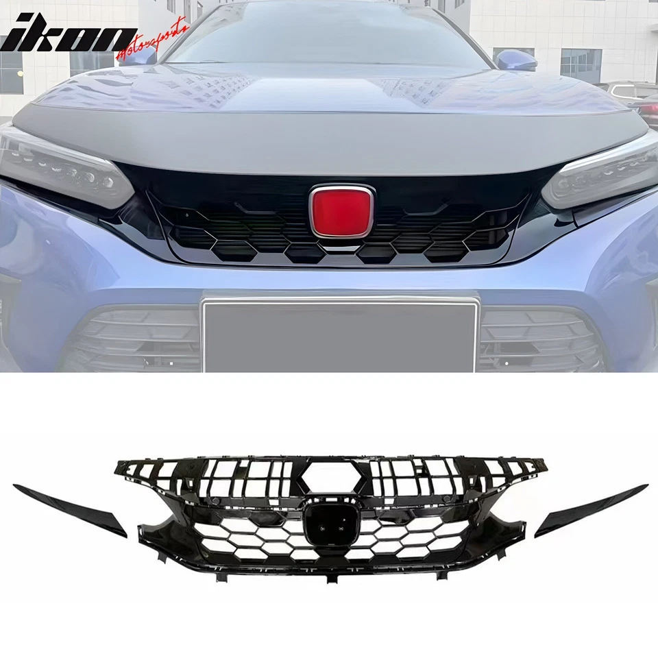 For 22-24 Honda Civic Hatchback & Si OE Style Front Upper Grille Gloss Black ABS